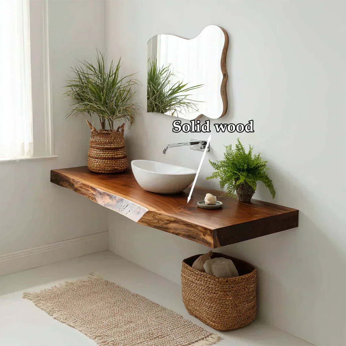 Natural Solid Wood Scandinavian Floating Bathroom Vanity Shelf - Rustirawood