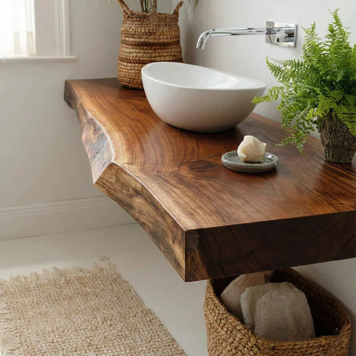 Natural Solid Wood Scandinavian Floating Bathroom Vanity Shelf - Rustirawood