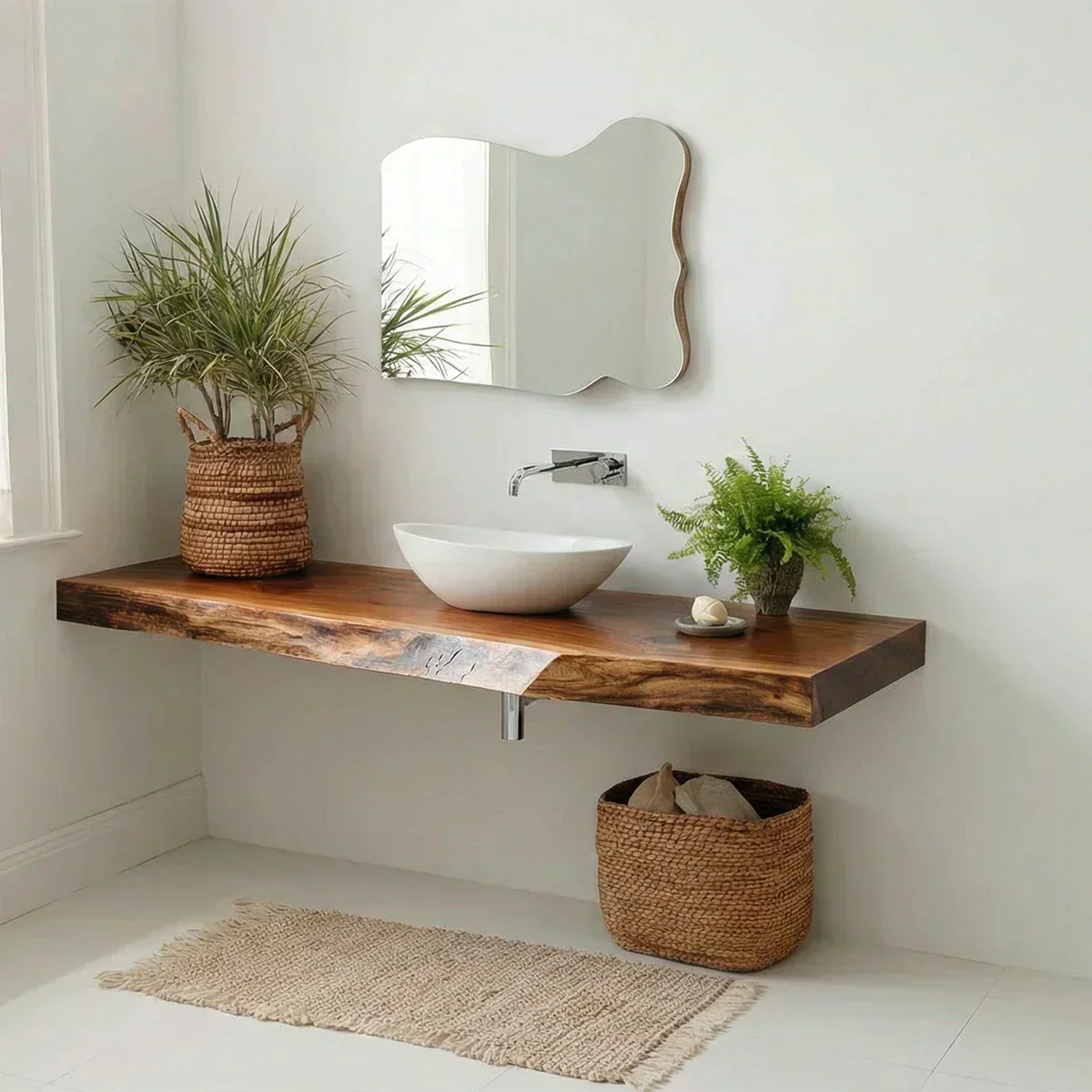 Natural Solid Wood Scandinavian Floating Bathroom Vanity Shelf - Rustirawood