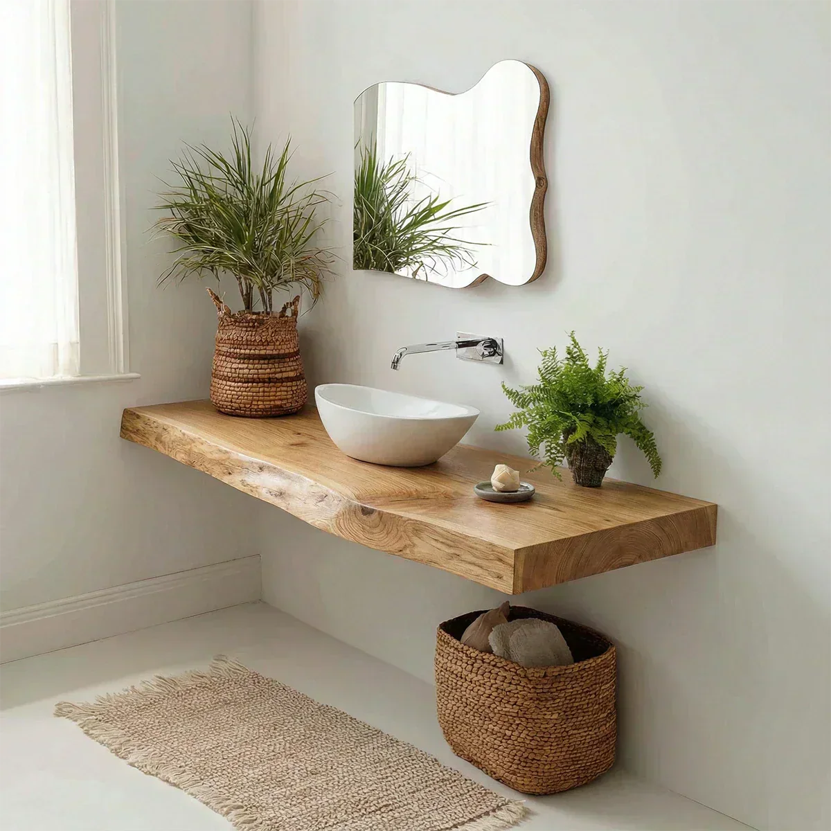 Natural Solid Wood Scandinavian Floating Bathroom Vanity Shelf - Rustirawood