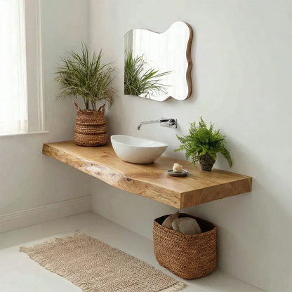Natural Solid Wood Scandinavian Floating Bathroom Vanity Shelf - Rustirawood
