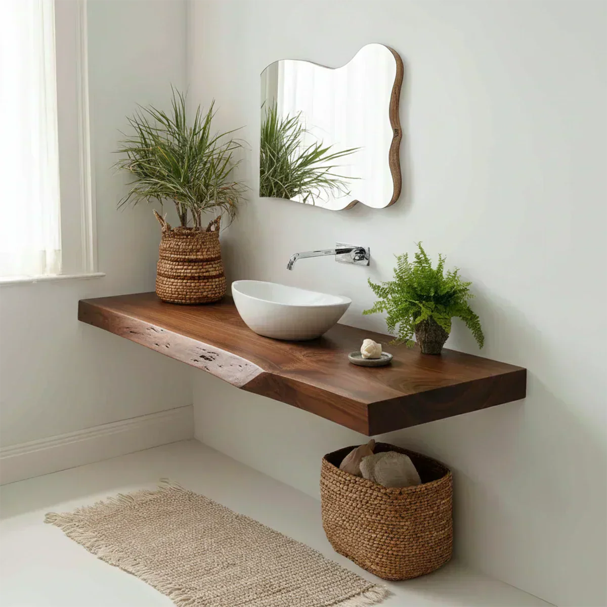 Natural Solid Wood Scandinavian Floating Bathroom Vanity Shelf - Rustirawood