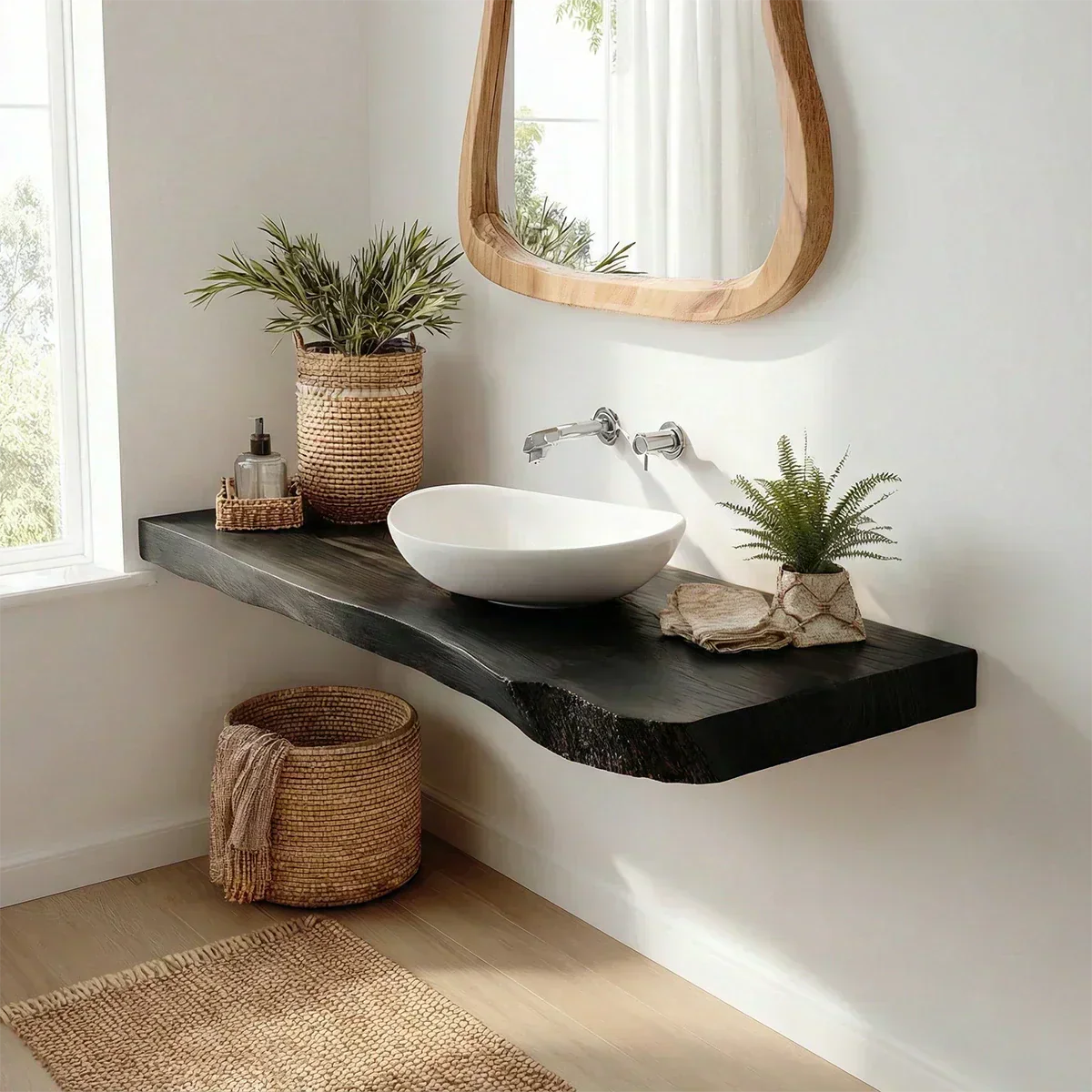 Natural Solid Wood Scandinavian Floating Vanity Shelf - Rustirawood