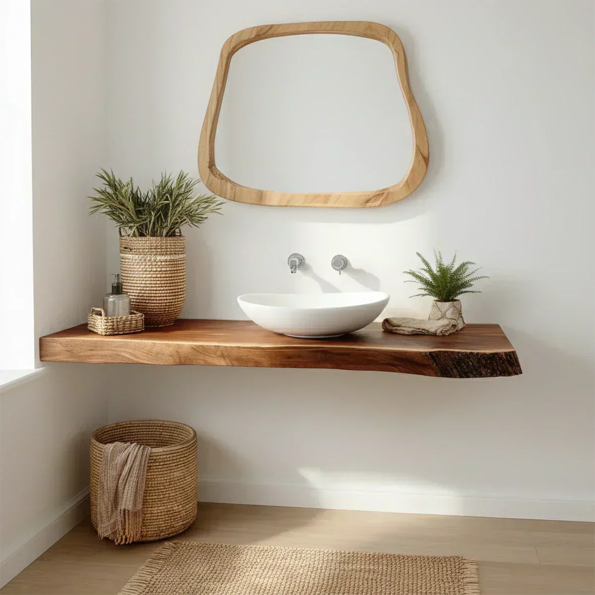 Natural Solid Wood Scandinavian Floating Vanity Shelf - Rustirawood