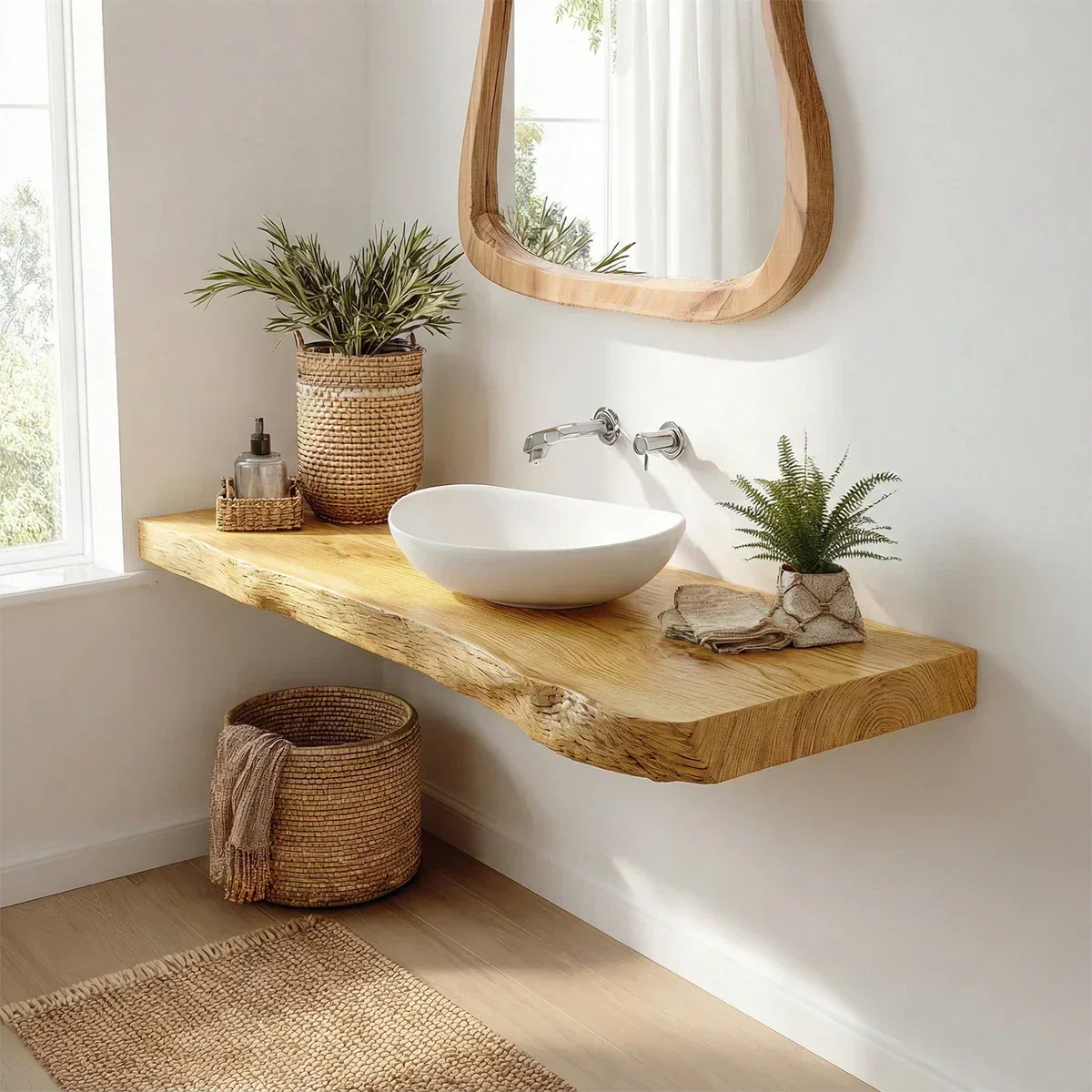 Natural Solid Wood Scandinavian Floating Vanity Shelf - Rustirawood