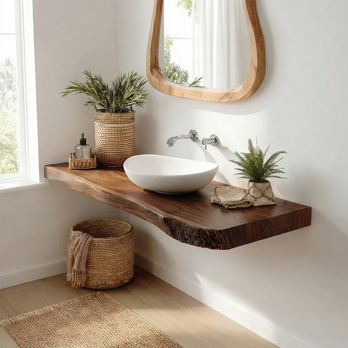 Natural Solid Wood Scandinavian Floating Vanity Shelf - Rustirawood