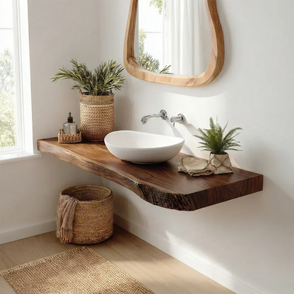Natural Solid Wood Scandinavian Floating Vanity Shelf - Rustirawood