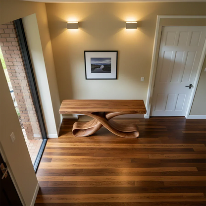 Natural Solid Wood Sculptural Console with Flowing Curved Base – Modern Japandi - Rustirawood