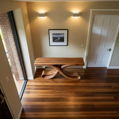 Natural Solid Wood Sculptural Console with Flowing Curved Base – Modern Japandi - Woodenecho