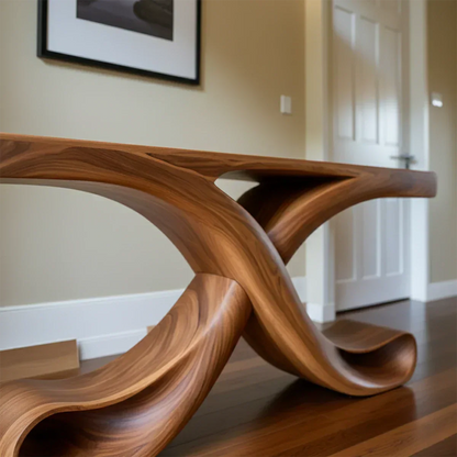 Natural Solid Wood Sculptural Console with Flowing Curved Base – Modern Japandi - Woodenecho