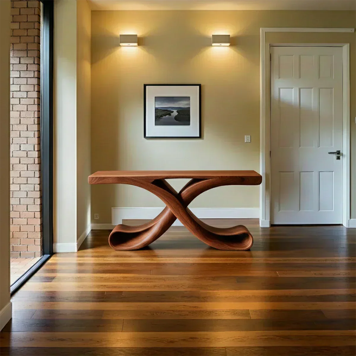 Natural Solid Wood Sculptural Console with Flowing Curved Base – Modern Japandi - Woodenecho