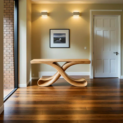 Natural Solid Wood Sculptural Console with Flowing Curved Base – Modern Japandi - Woodenecho