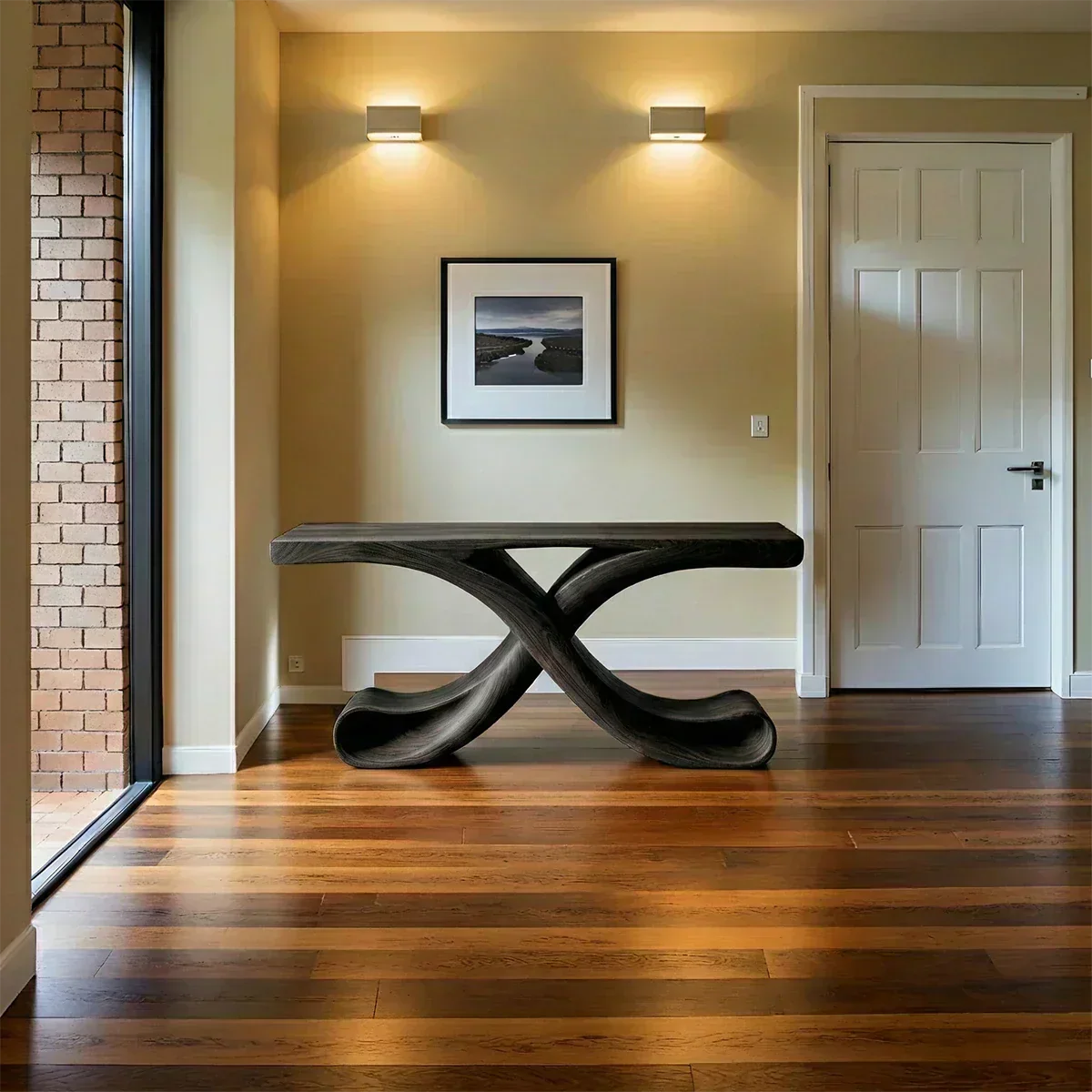Natural Solid Wood Sculptural Console with Flowing Curved Base – Modern Japandi - Woodenecho