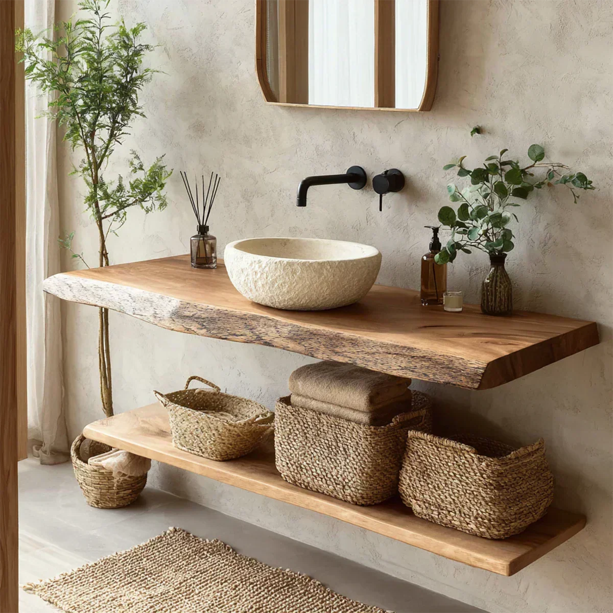 Natural Solid Wood Wabi-Sabi Floating Bathroom Vanity Shelf - Rustirawood