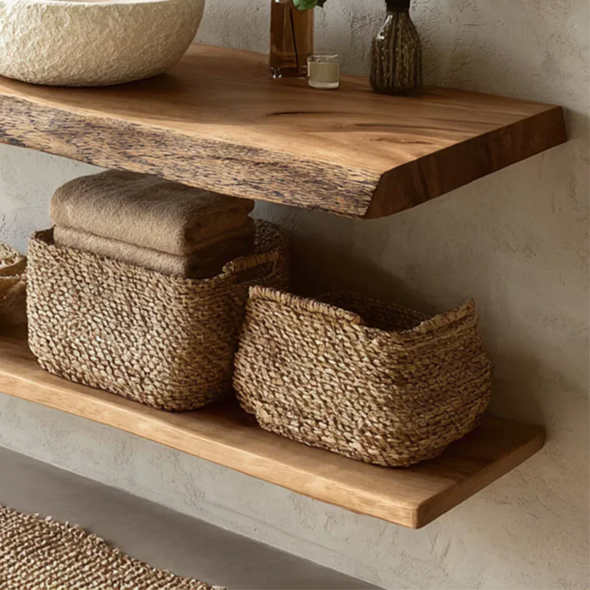 Natural Solid Wood Wabi-Sabi Floating Bathroom Vanity Shelf - Rustirawood