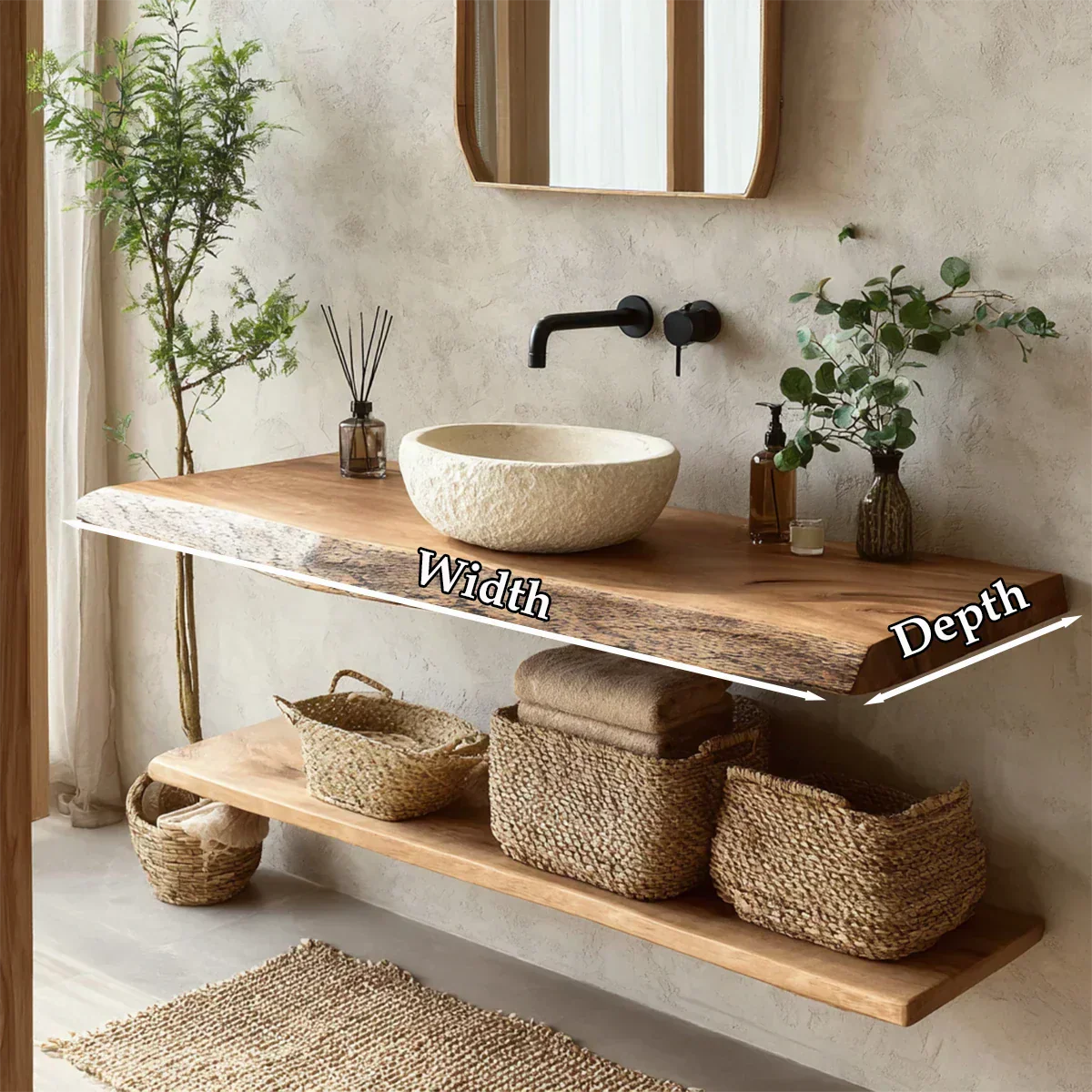 Natural Solid Wood Wabi-Sabi Floating Bathroom Vanity Shelf - Rustirawood