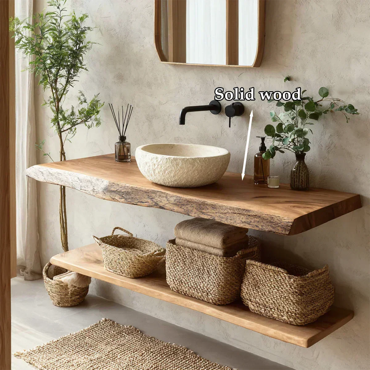 Natural Solid Wood Wabi-Sabi Floating Bathroom Vanity Shelf - Rustirawood