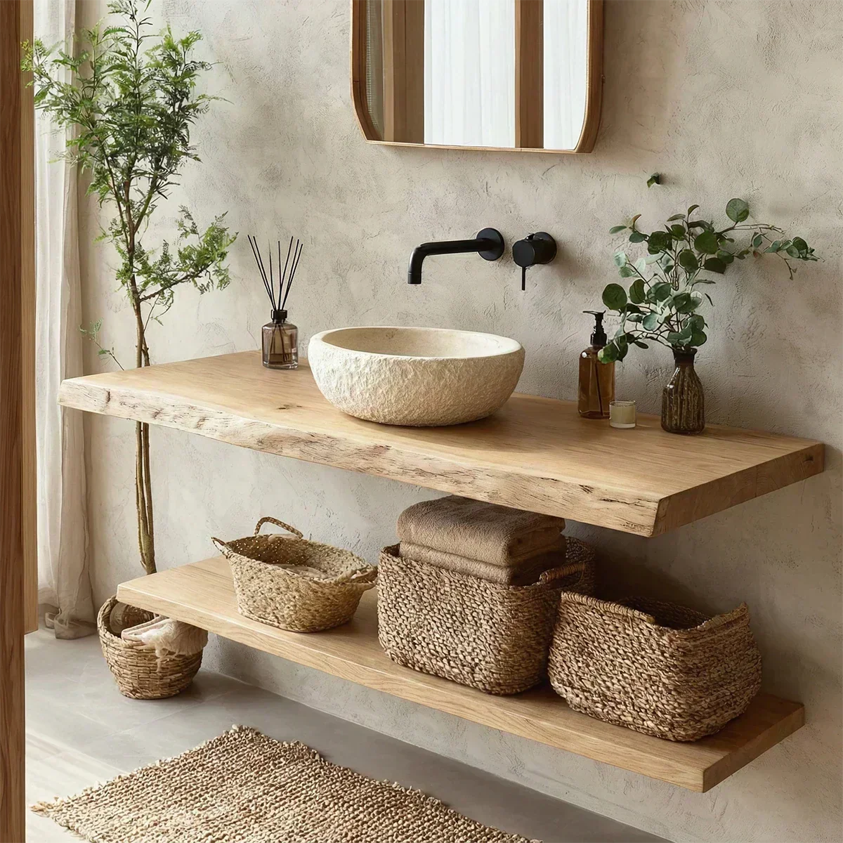 Natural Solid Wood Wabi-Sabi Floating Bathroom Vanity Shelf - Rustirawood