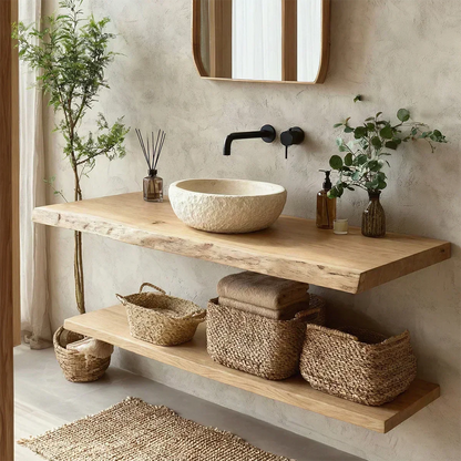 Natural Solid Wood Wabi-Sabi Floating Bathroom Vanity Shelf - Rustirawood