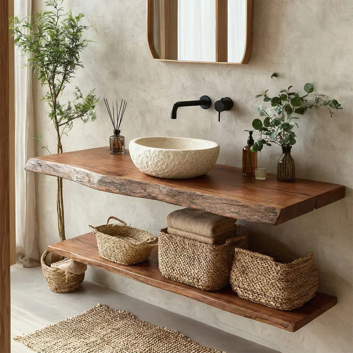 Natural Solid Wood Wabi-Sabi Floating Bathroom Vanity Shelf - Rustirawood