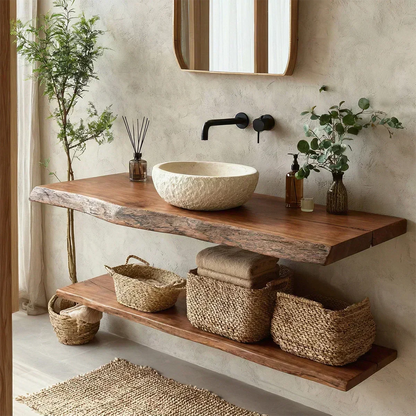 Natural Solid Wood Wabi-Sabi Floating Bathroom Vanity Shelf - Rustirawood