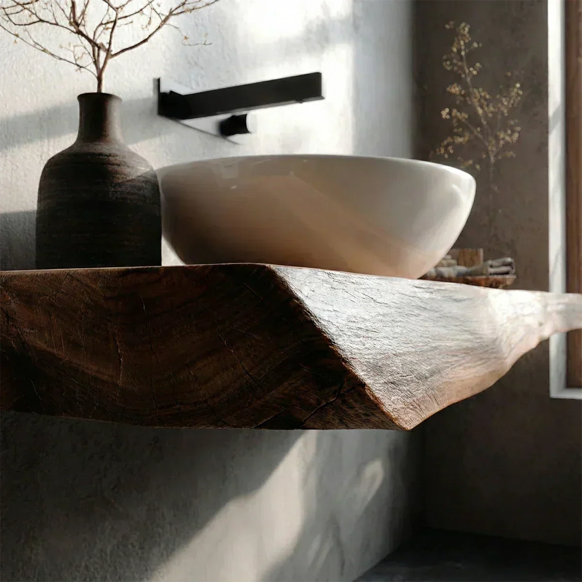 Natural Solid Wood Wabi-Sabi Floating Bathroom Vanity Shelf - Rustirawood