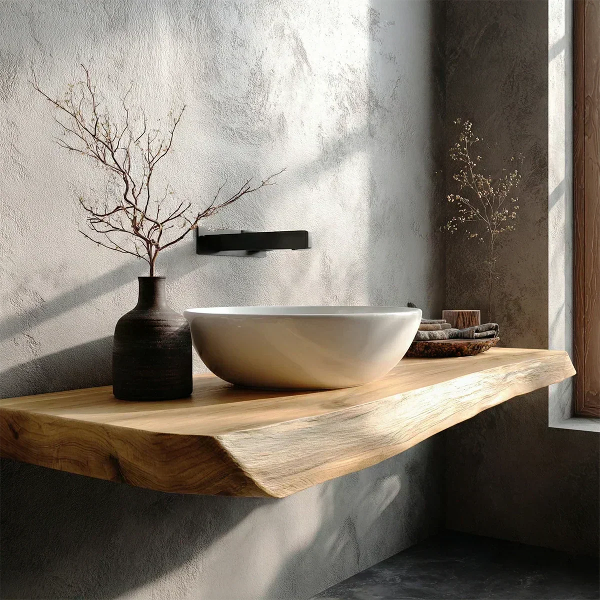Natural Solid Wood Wabi-Sabi Floating Bathroom Vanity Shelf - Rustirawood