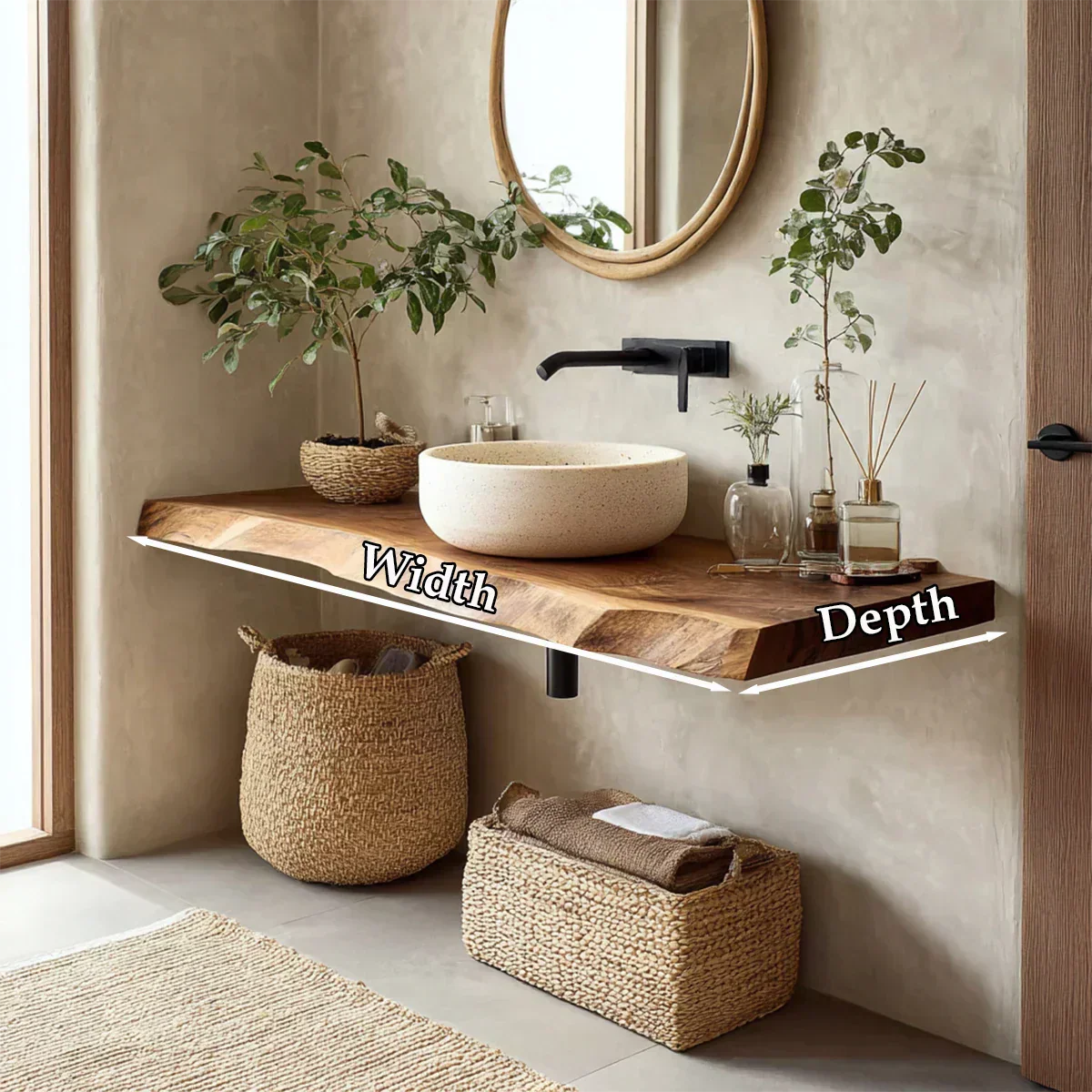 Natural Solid Wood Wabi-Sabi Floating Vanity Shelf - Rustirawood
