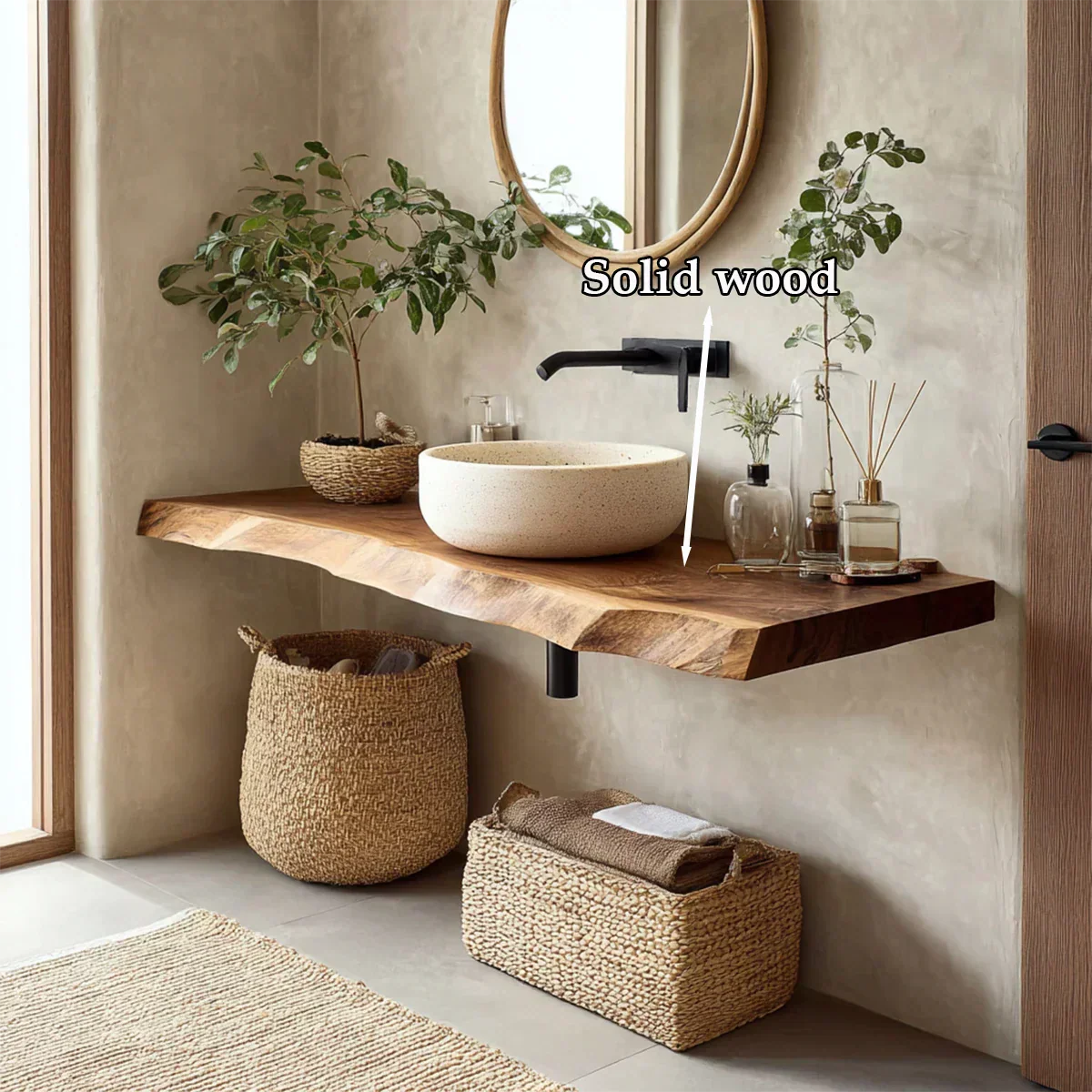Natural Solid Wood Wabi-Sabi Floating Vanity Shelf - Rustirawood
