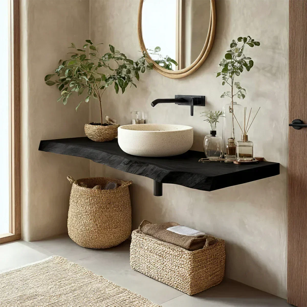 Natural Solid Wood Wabi-Sabi Floating Vanity Shelf - Rustirawood