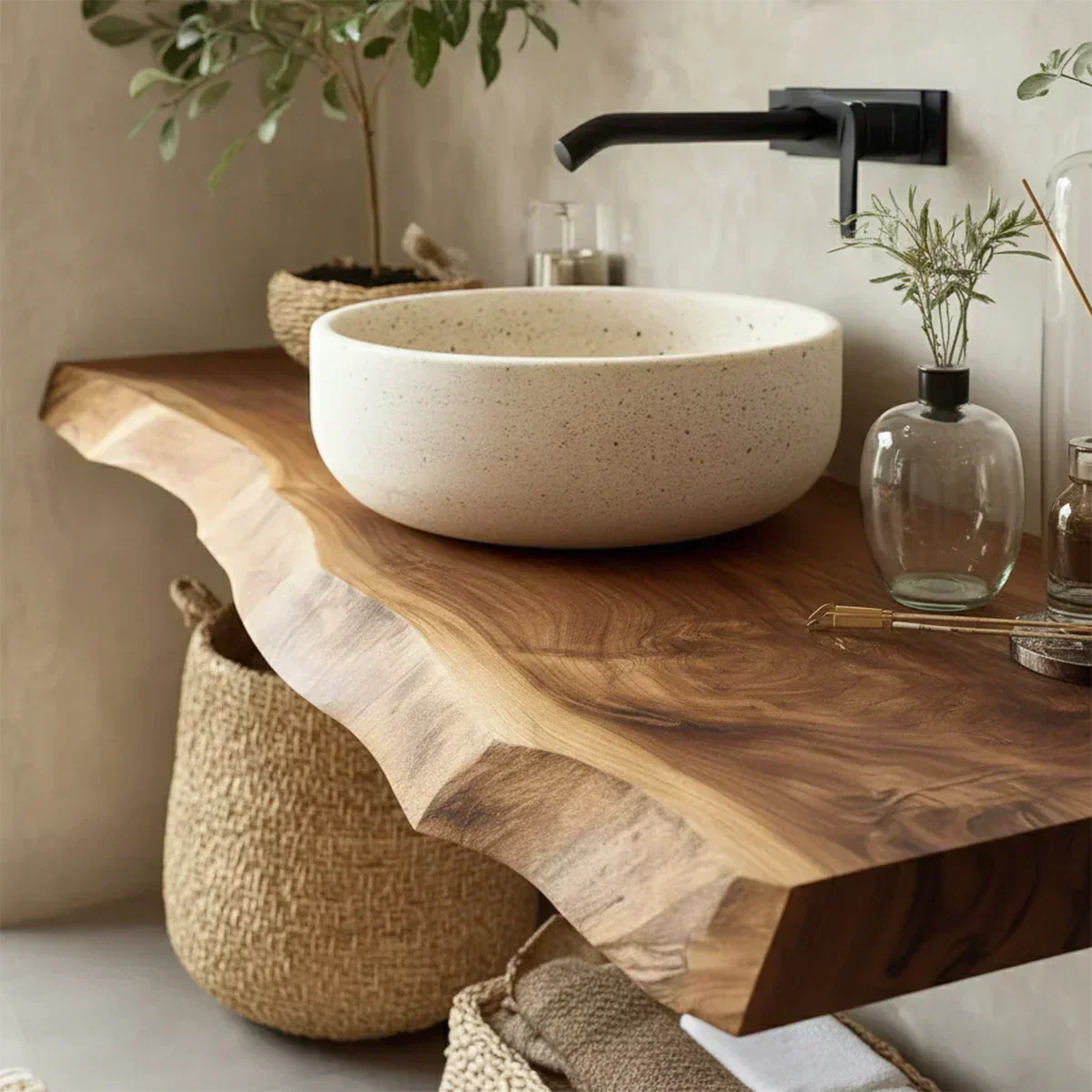 Natural Solid Wood Wabi-Sabi Floating Vanity Shelf - Rustirawood