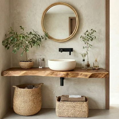 Natural Solid Wood Wabi-Sabi Floating Vanity Shelf - Rustirawood