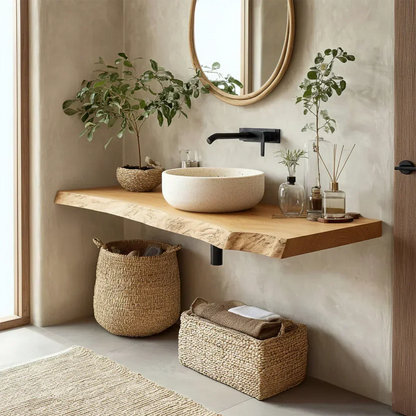 Natural Solid Wood Wabi-Sabi Floating Vanity Shelf - Rustirawood