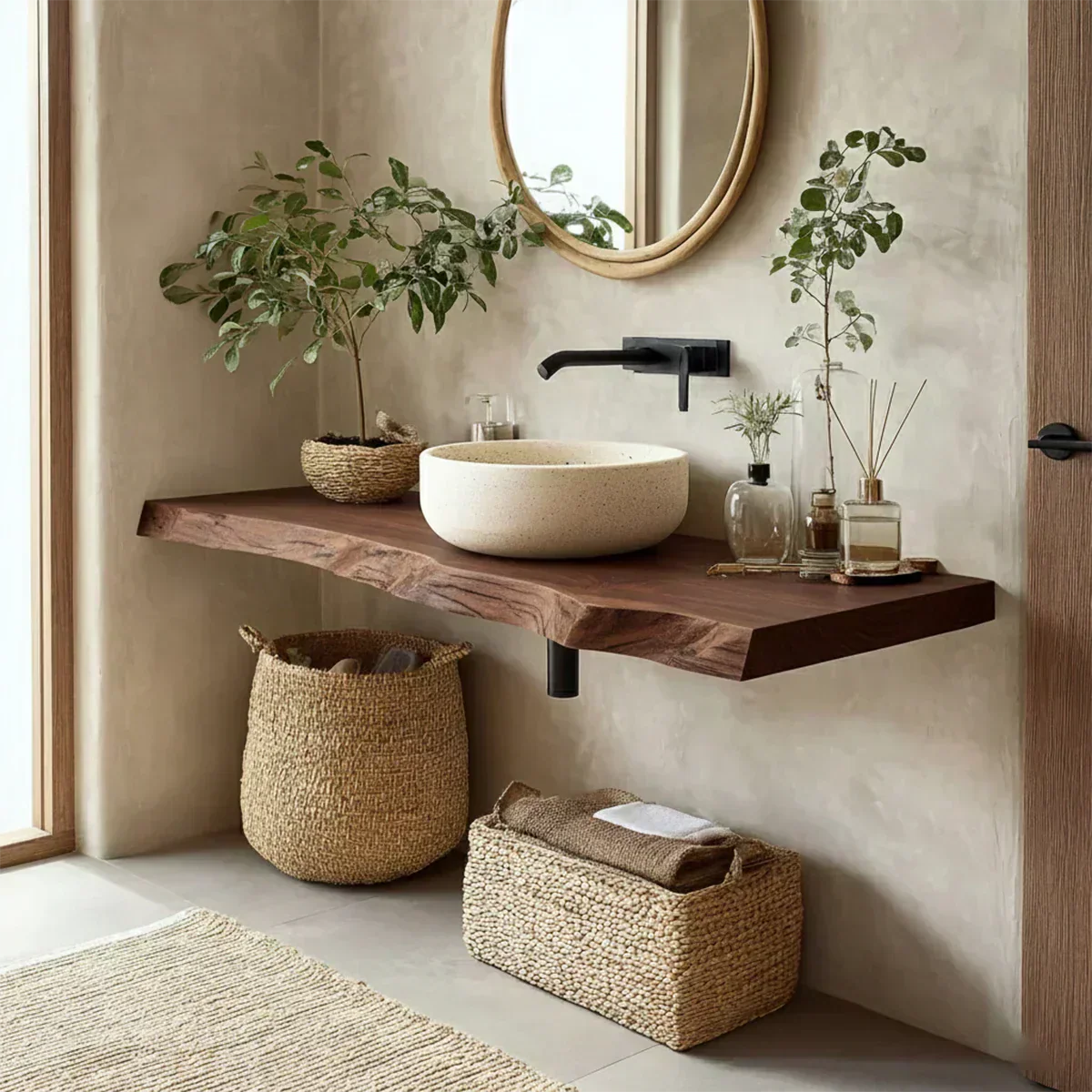 Natural Solid Wood Wabi-Sabi Floating Vanity Shelf - Rustirawood