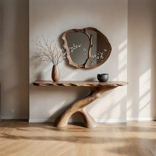 Natural Solid Wood Wabi-Sabi Sculptural Console Table - Woodenecho