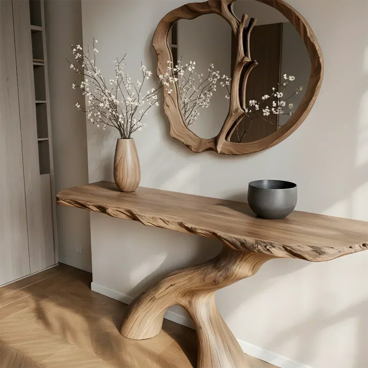 Natural Solid Wood Wabi-Sabi Sculptural Console Table - Woodenecho
