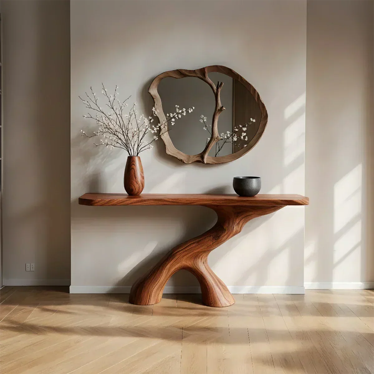 Natural Solid Wood Wabi-Sabi Sculptural Console Table - Woodenecho