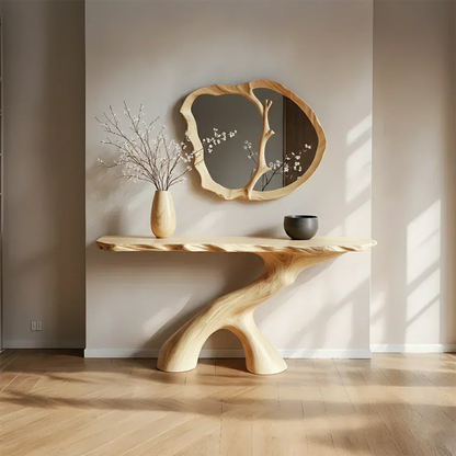 Natural Solid Wood Wabi-Sabi Sculptural Console Table - Woodenecho