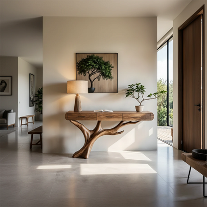 Natural Wood Entryway Console Table with Drawers and Sculptural Tree Base - Woodenecho