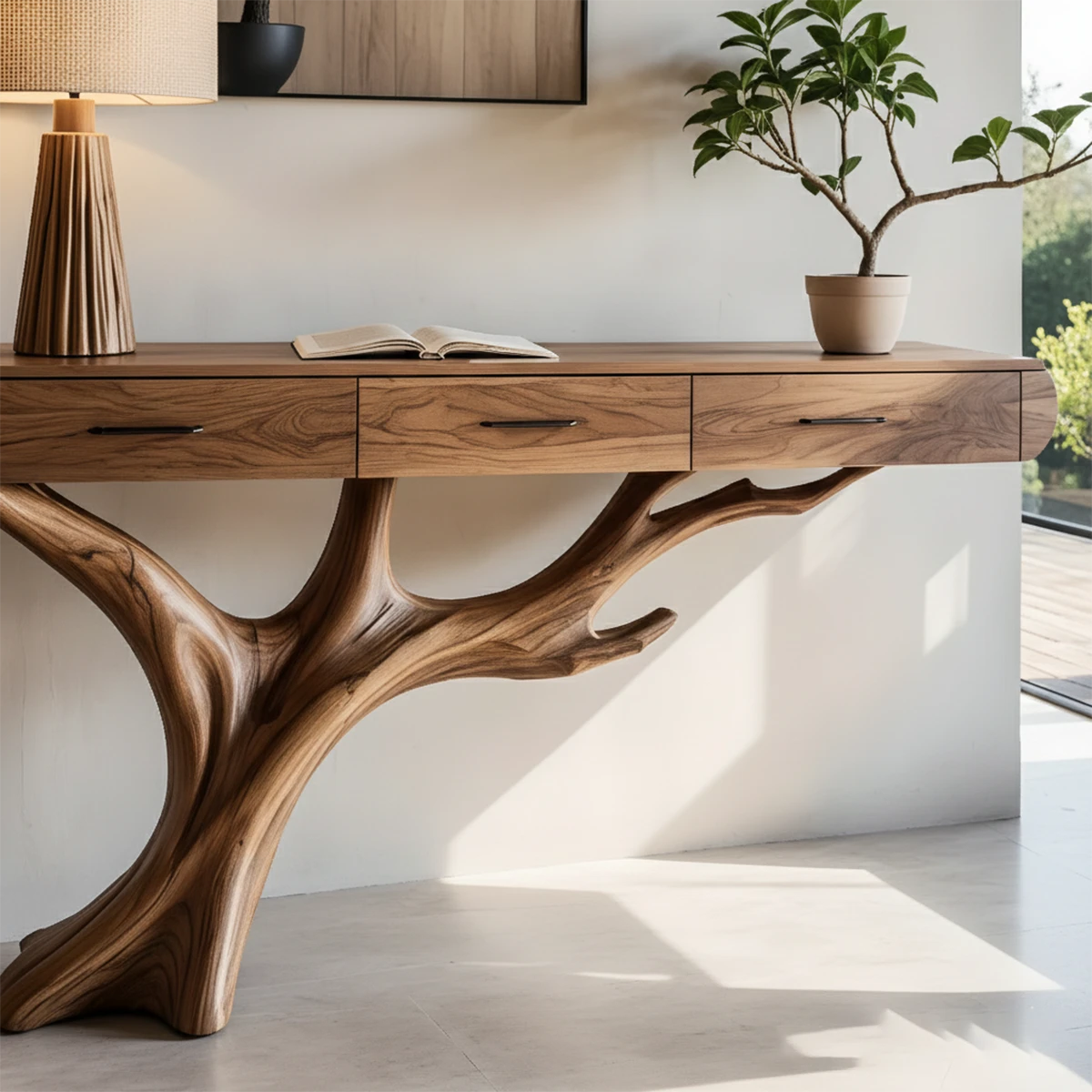 Natural Wood Entryway Console Table with Drawers and Sculptural Tree Base - Woodenecho