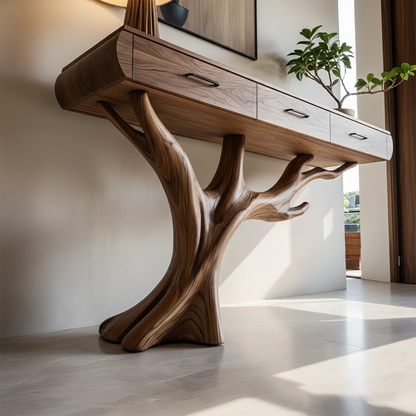 Natural Wood Entryway Console Table with Drawers and Sculptural Tree Base - Woodenecho