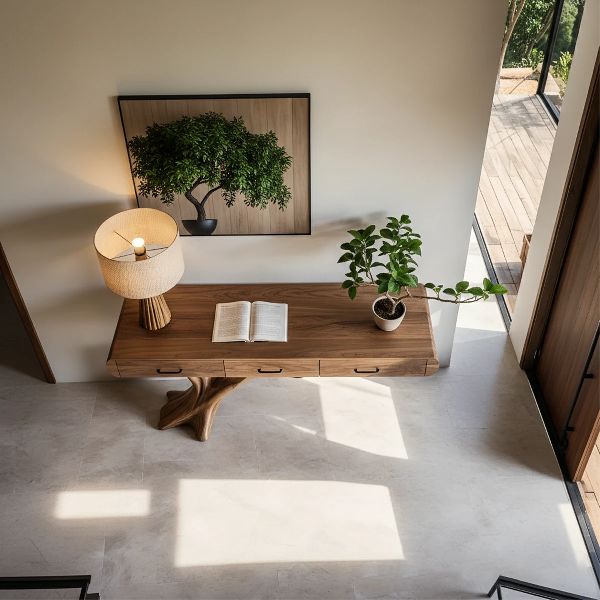 Natural Wood Entryway Console Table with Drawers and Sculptural Tree Base - Woodenecho