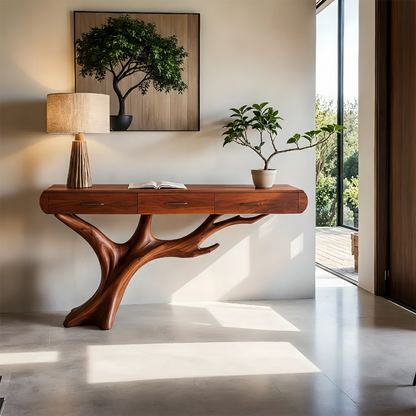 Natural Wood Entryway Console Table with Drawers and Sculptural Tree Base - Woodenecho