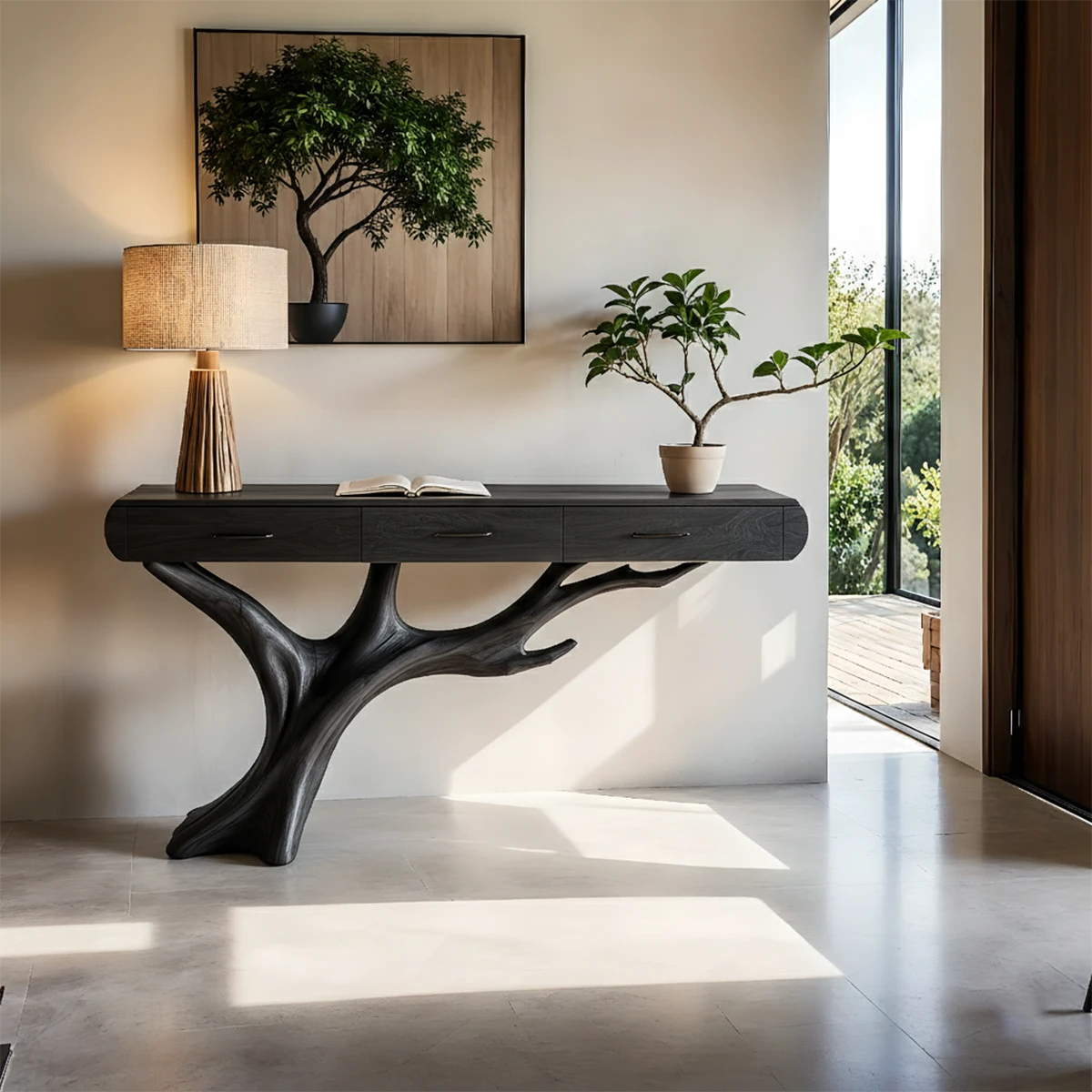 Natural Wood Entryway Console Table with Drawers and Sculptural Tree Base - Woodenecho