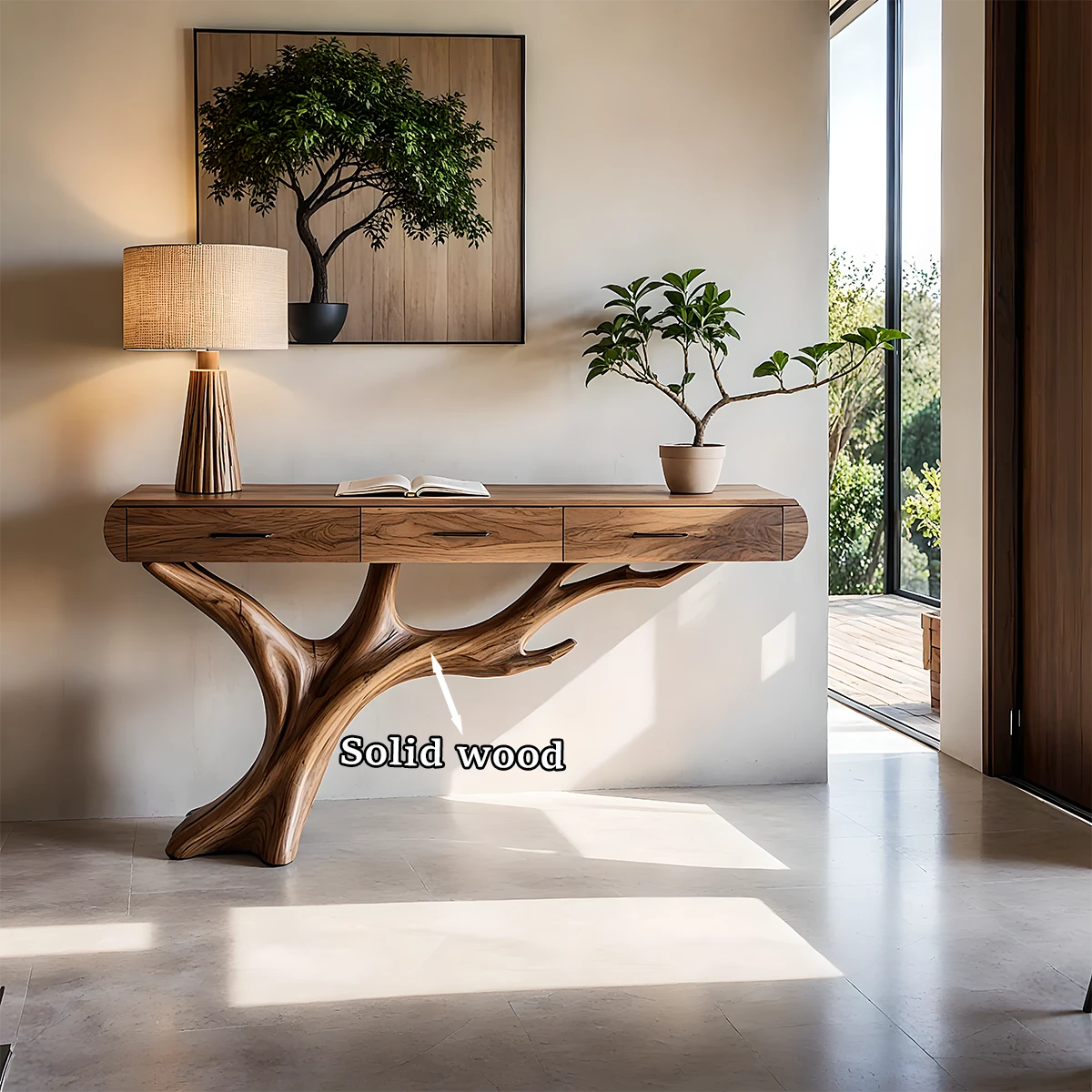 Natural Wood Entryway Console Table with Drawers and Sculptural Tree Base - Woodenecho
