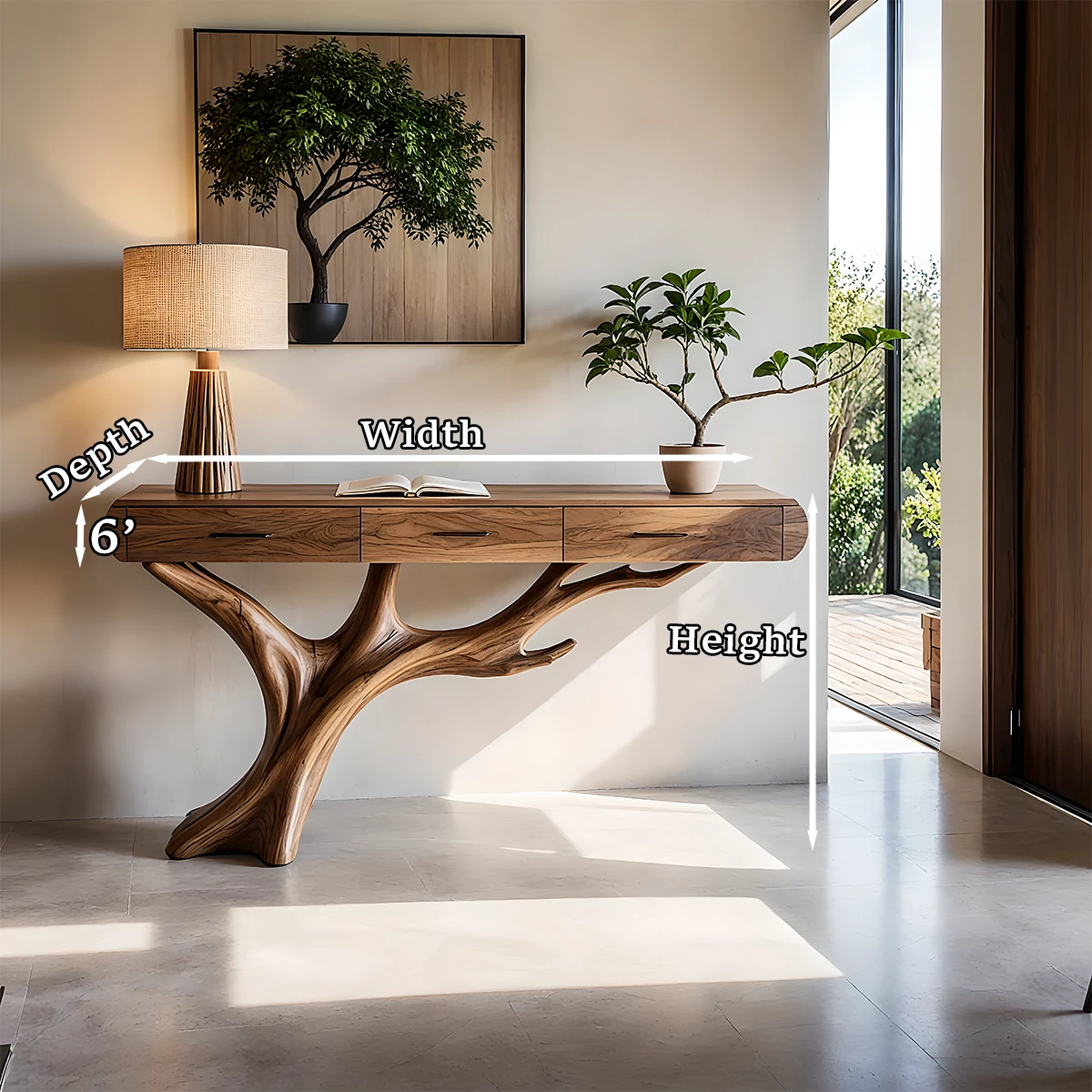 Natural Wood Entryway Console Table with Drawers and Sculptural Tree Base - Woodenecho