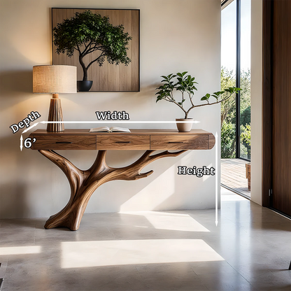 Natural Wood Entryway Console Table with Drawers and Sculptural Tree Base - Woodenecho