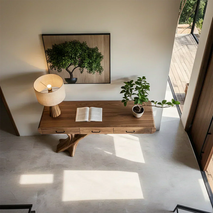 Natural Wood Entryway Console Table with Drawers and Sculptural Tree Base - Woodenecho