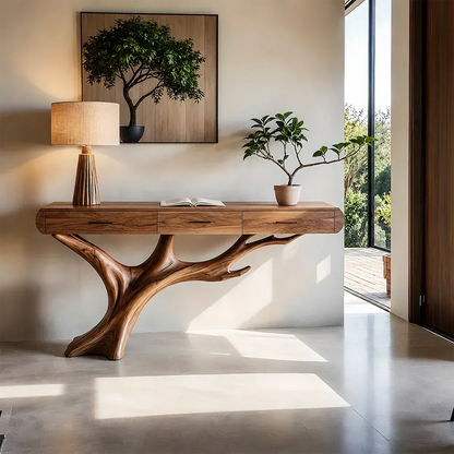 Natural Wood Entryway Console Table with Drawers and Sculptural Tree Base - Woodenecho