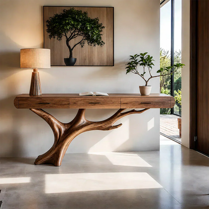 Natural Wood Entryway Console Table with Drawers and Sculptural Tree Base - Woodenecho